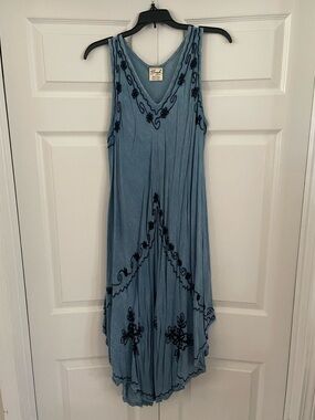 India Boutique Boho Embroidered Handkerchief Hem Beach Dress - Blue - One Size